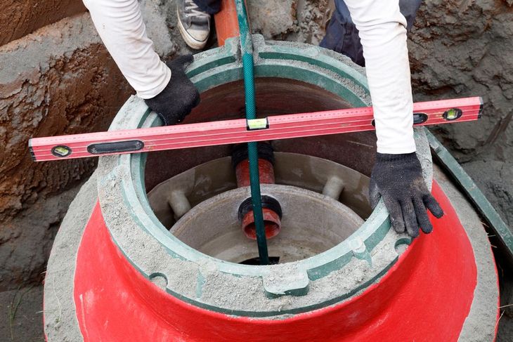 Worker installing a green utility cover inside a red manhole, using a level tool.