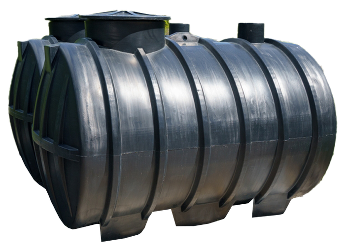 Black cylindrical plastic water tank with ribbed sides and several fittings on top, isolated on white background
