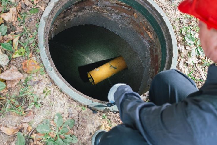Person looking into an open manhole with a flashlight at night