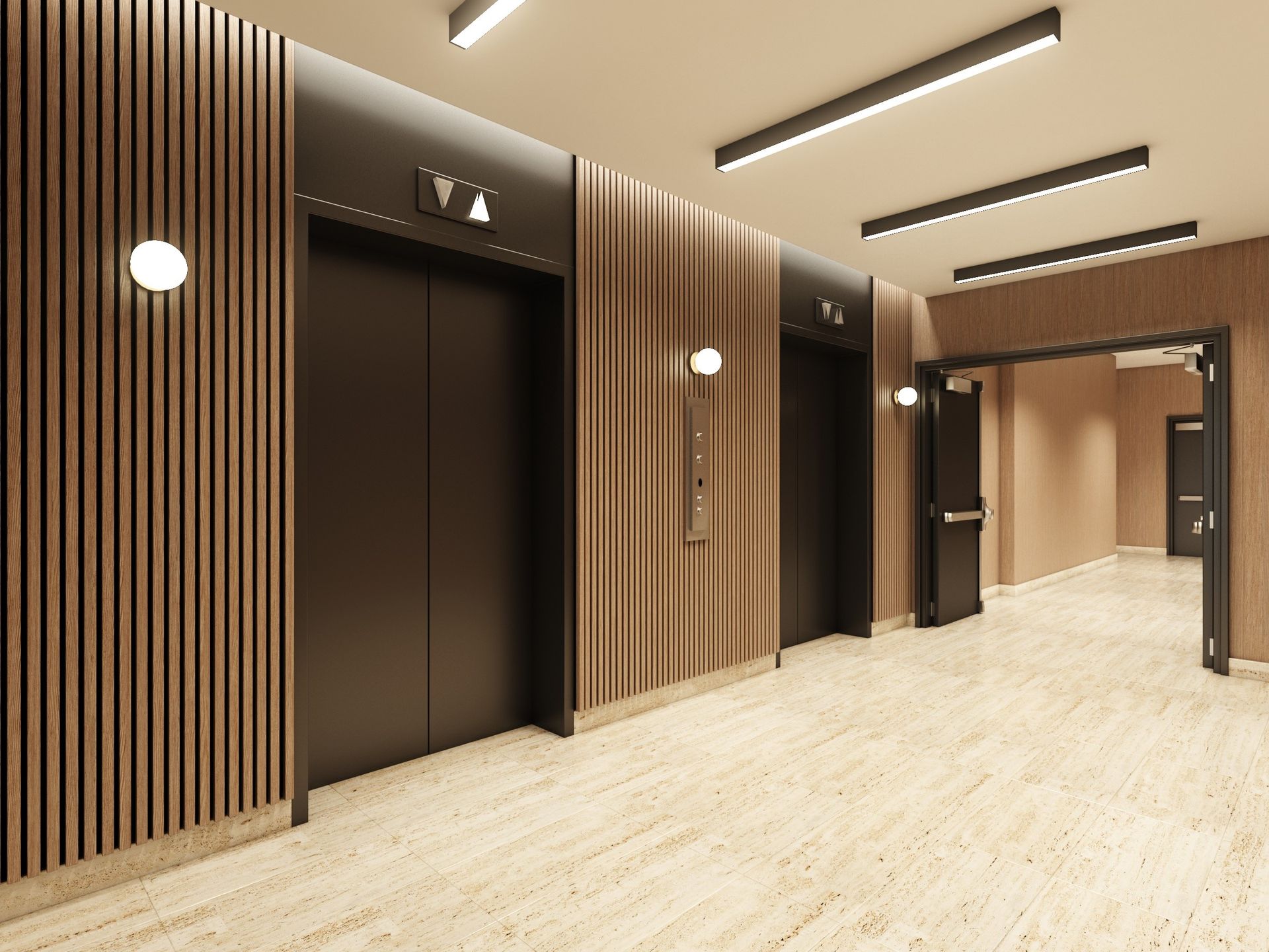 Real estate presale elevator lobby interior design rendering. Wood slats, wood paneling. LED light fixture rendering.