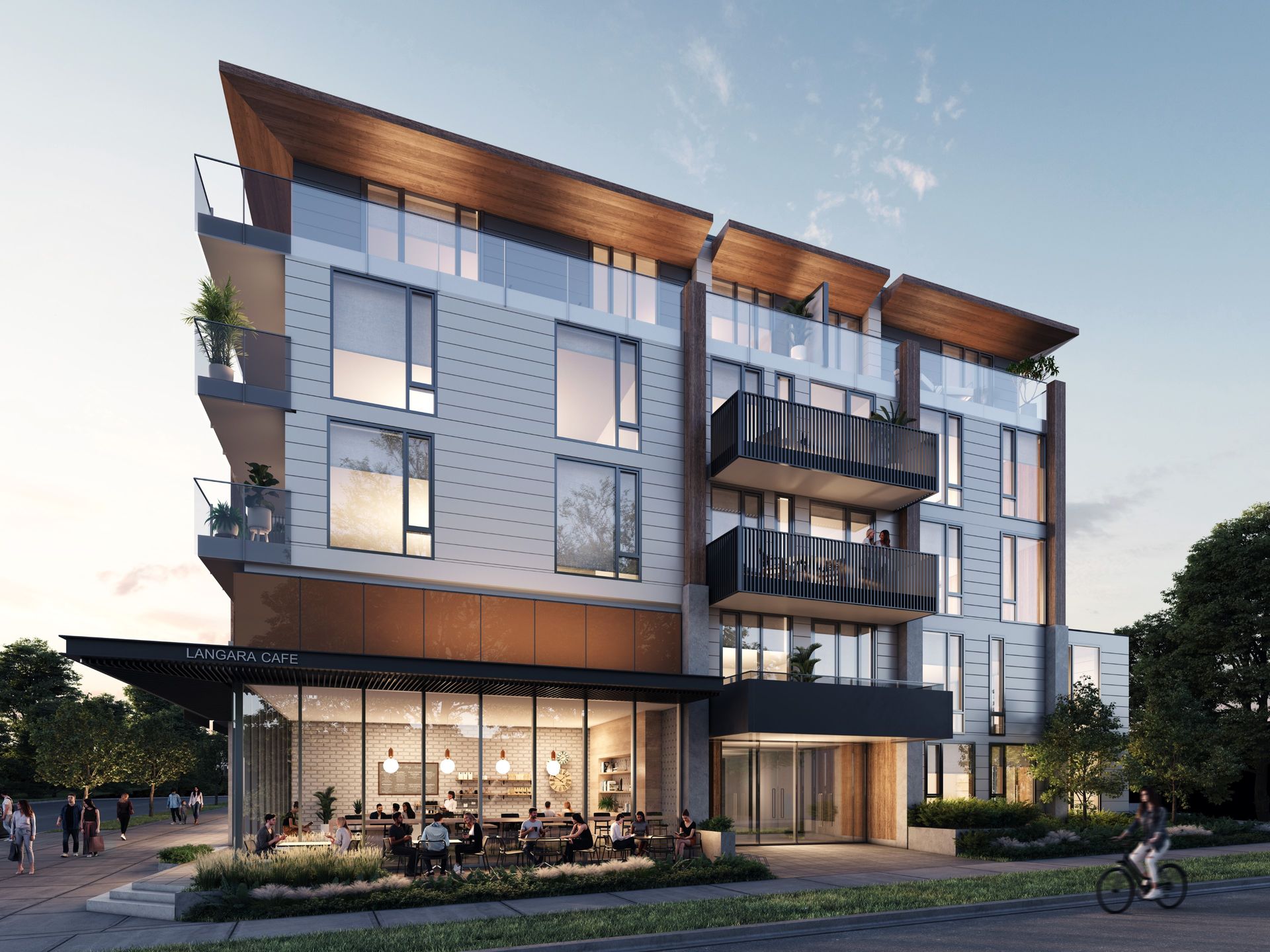 Real estate presale condo rendering in Langara Vancouver. Retail commercial real estate presales rendering. Night time.