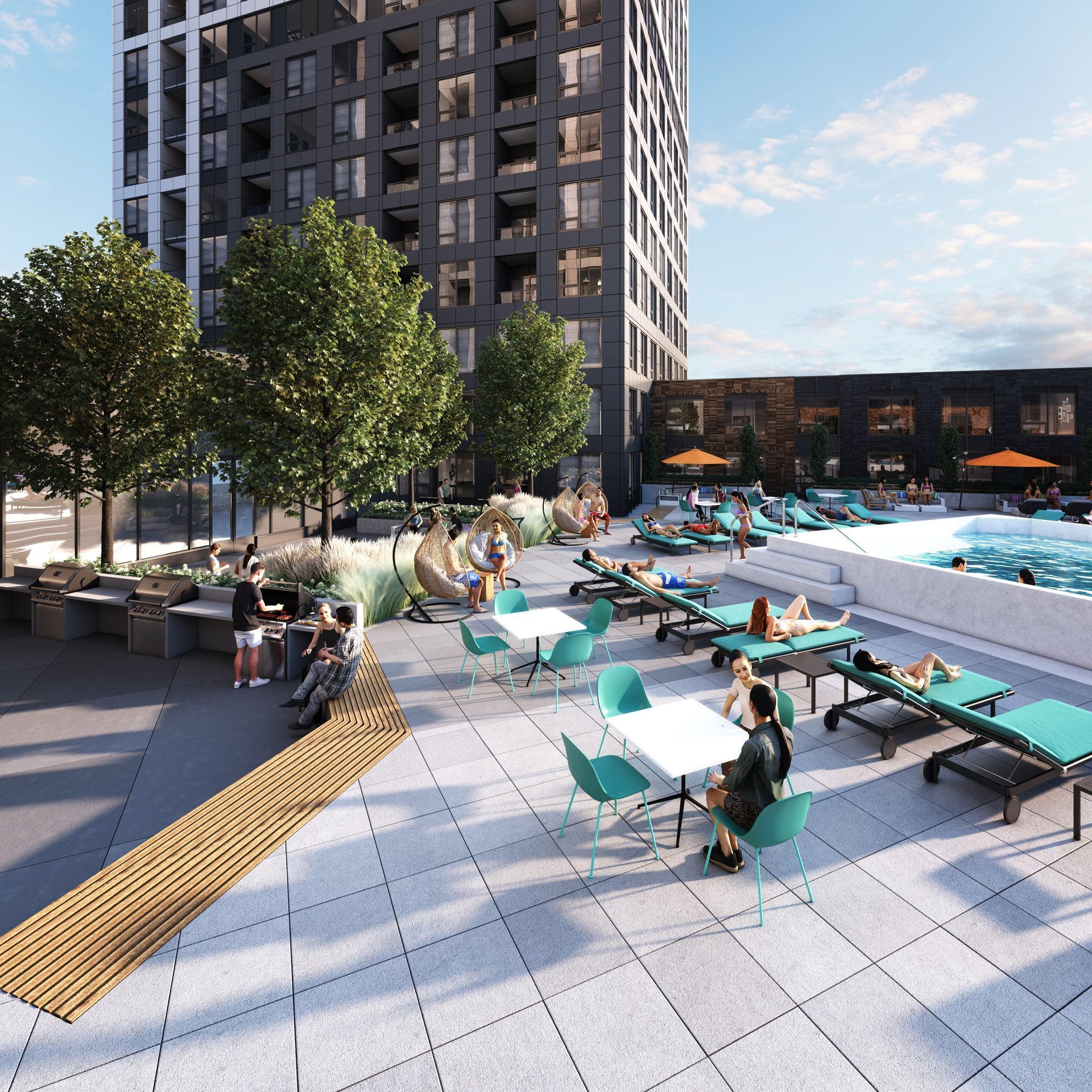 Real estate presale exterior amenities rendering. Patio, swimming pool, sun tanning, barbeque bbq. Realistic people.