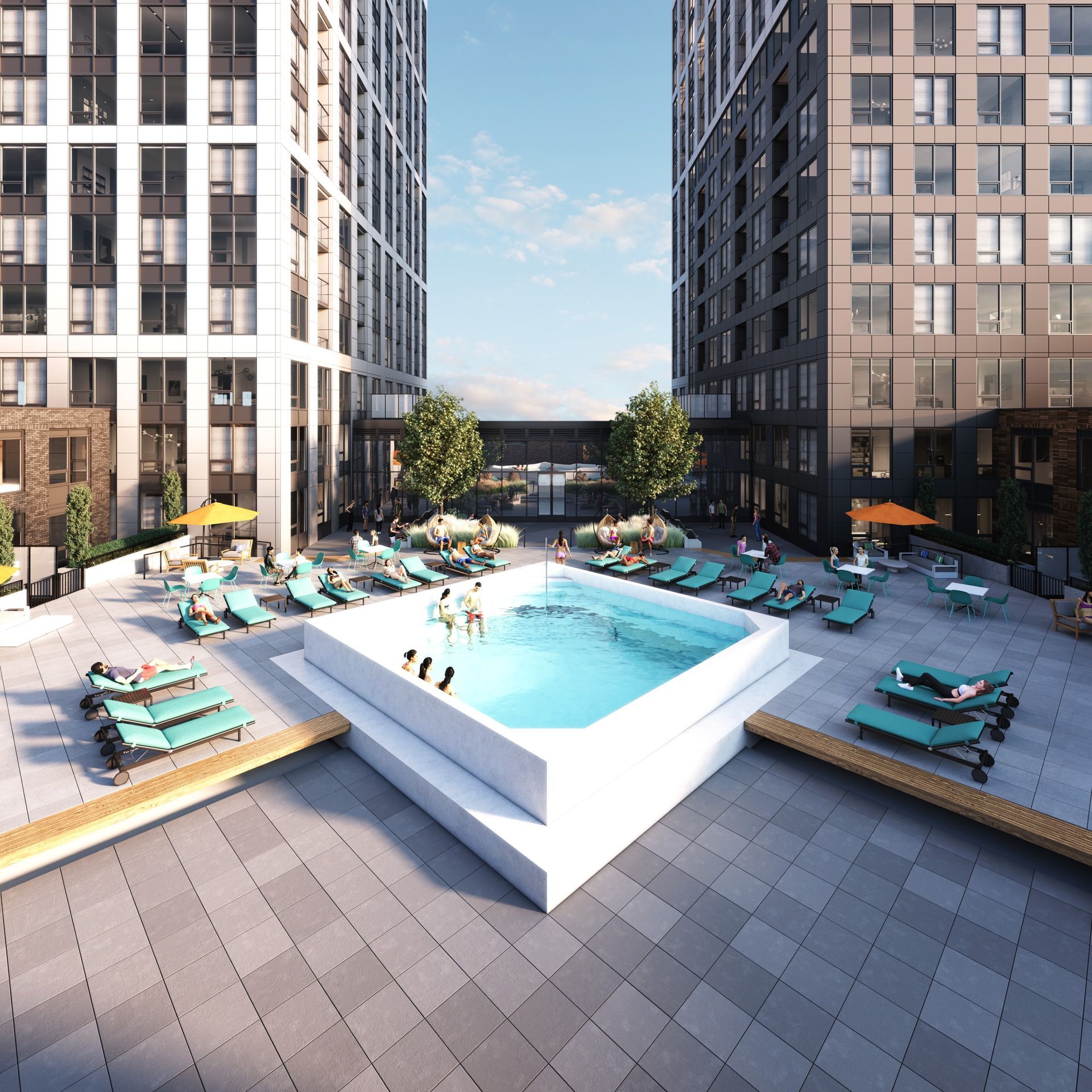 Real estate presale exterior amenities rendering. Patio, swimming pool, sun tanning, barbeque bbq. Realistic people.