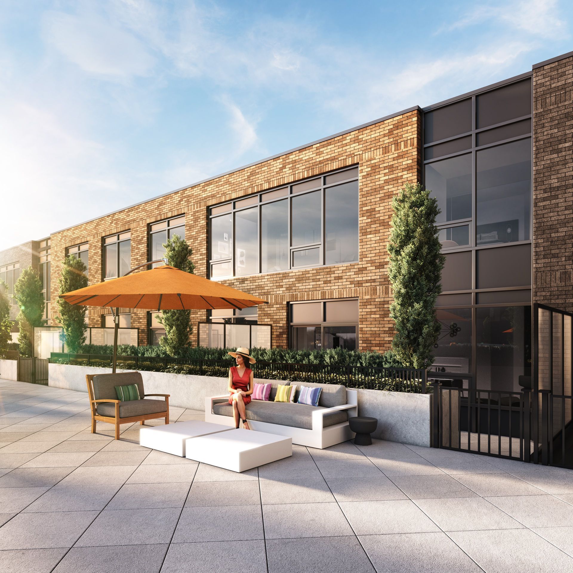 Real estate presale exterior townhome amenities rendering Calgary Canada. Architecture, bricks facade, mullion, concrete.