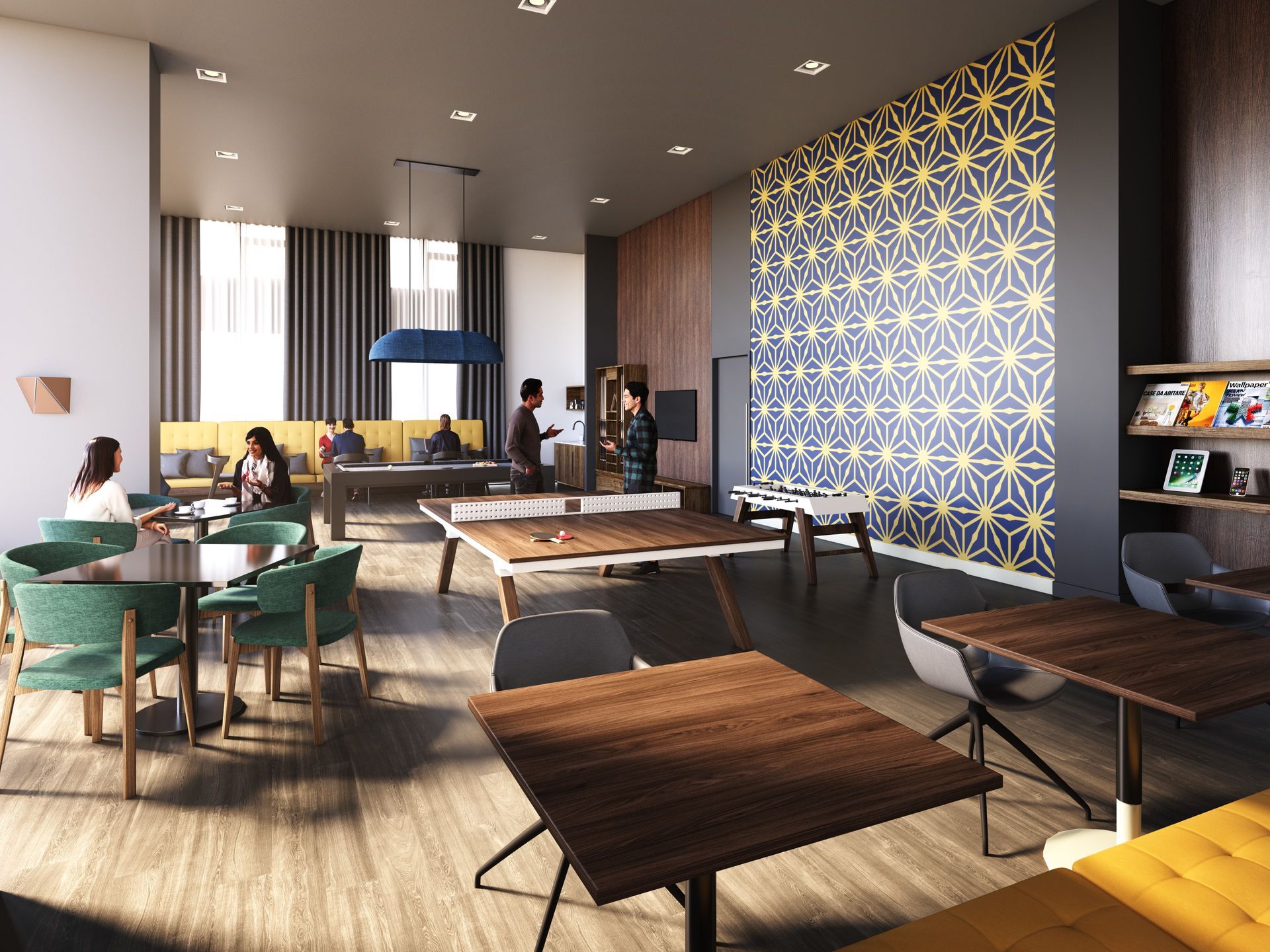 Real estate presale interior design amenities rendering. BLVD, Calgary. Games room, pool billiards table. Realistic people.