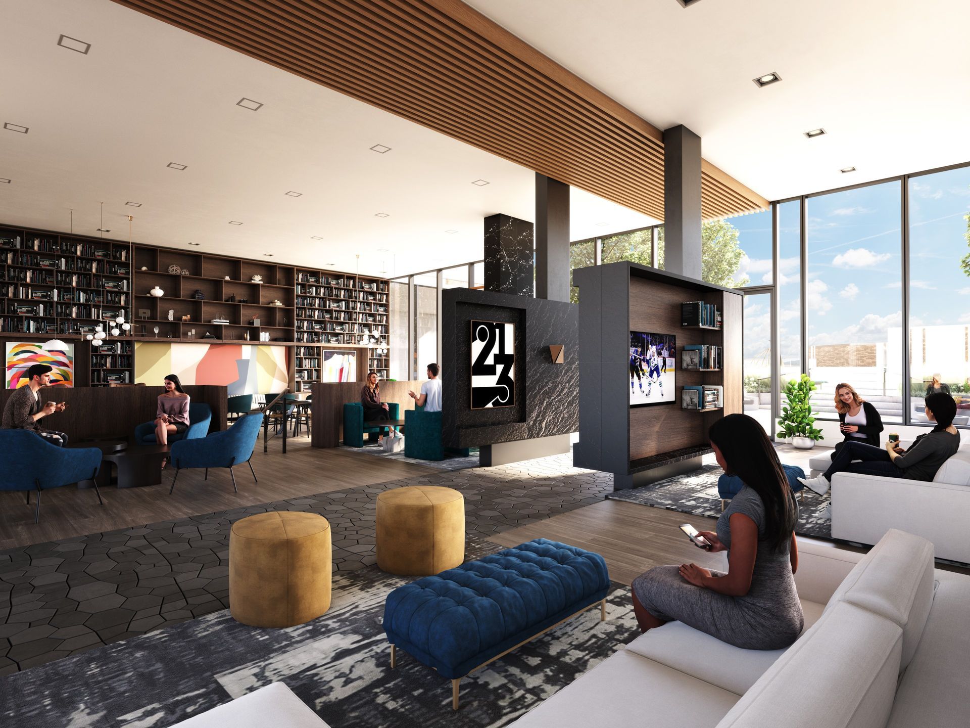Real estate presale interior design amenities rendering. BLVD, Calgary Canada. Library lounge.