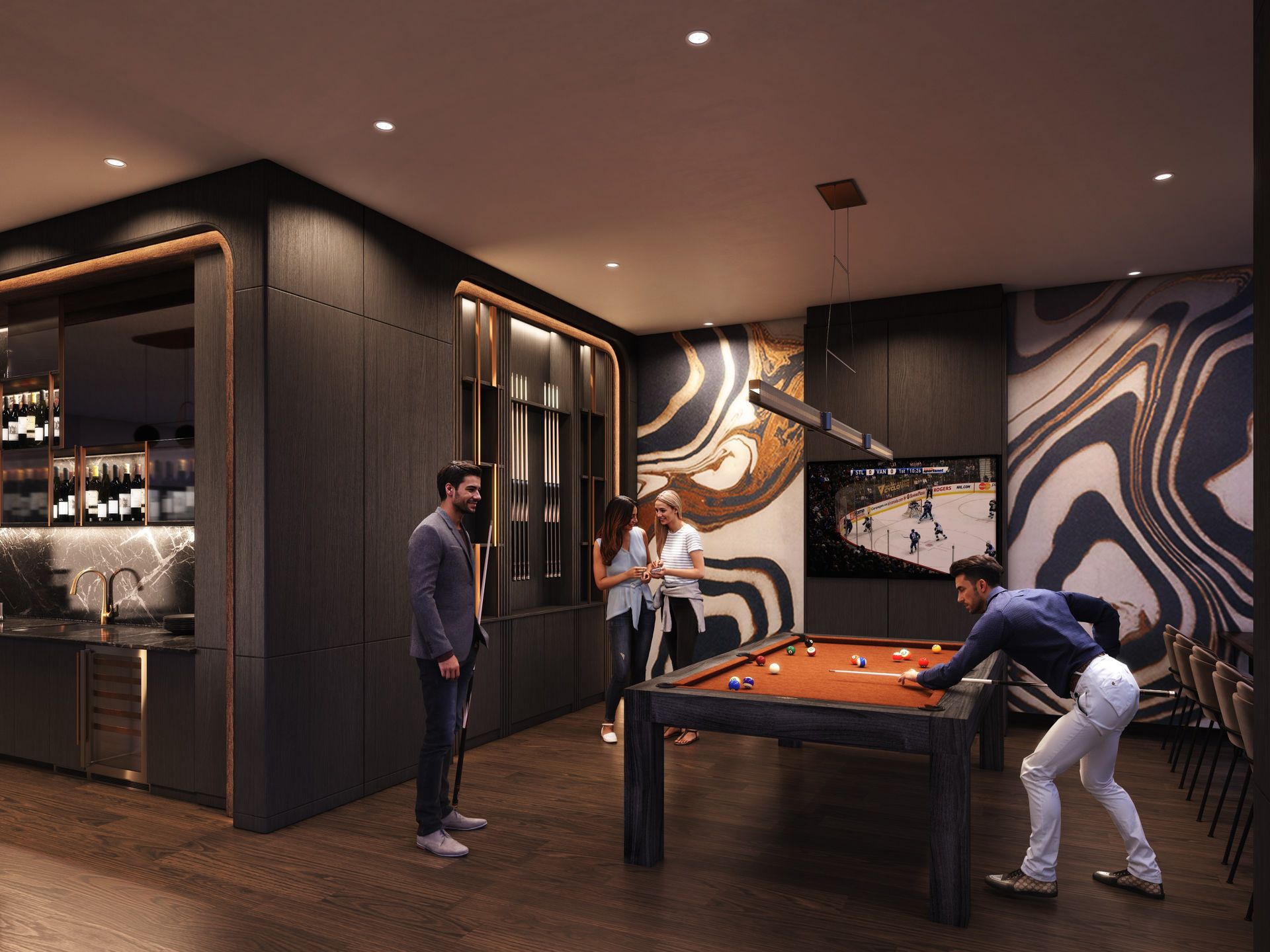 Real estate presale interior design amenities rendering. BLVD, Calgary. Party room, pool billiards table. Realistic people.