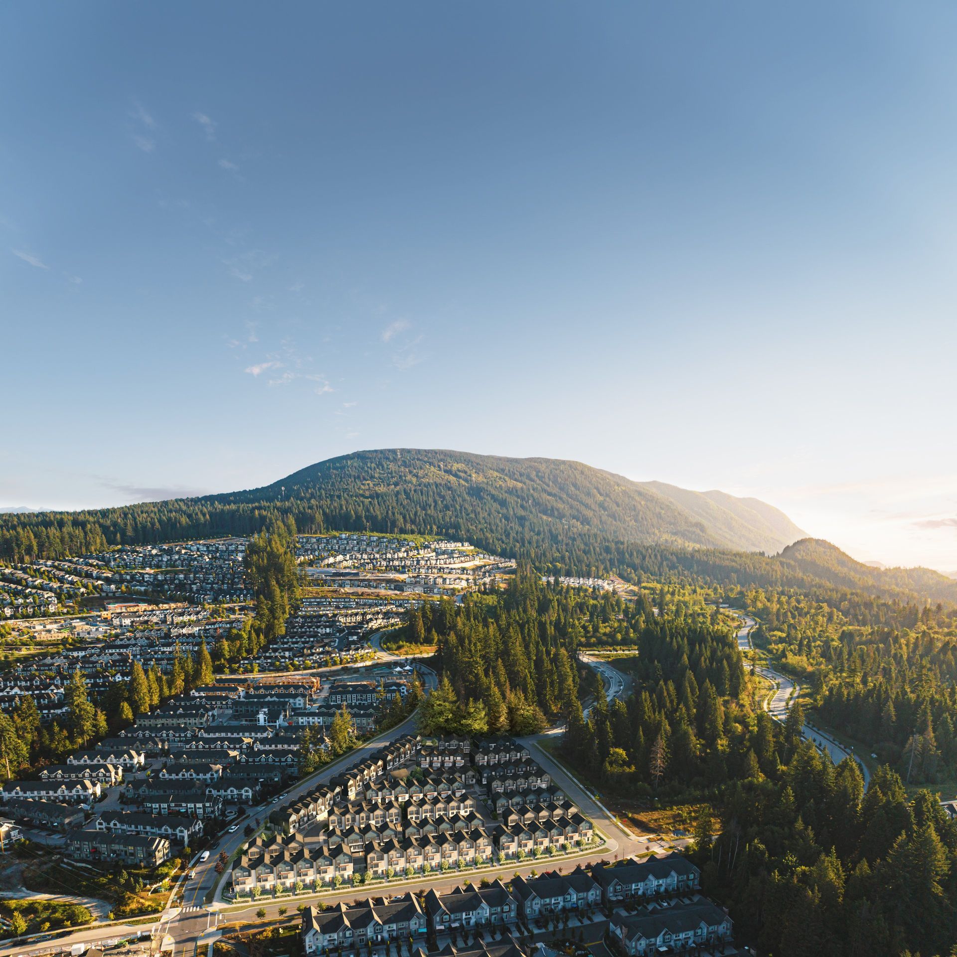 Real estate presale aerial rendering. Culmena by Tangerine Development. Burke Mountain, Coquitlam. Landscaping rendering.