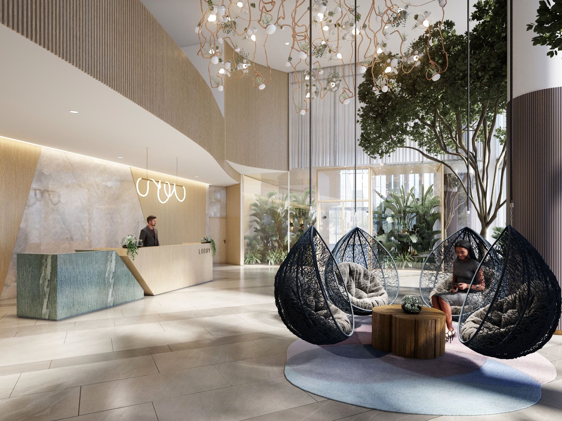 Hotel lobby interior design rendering, hospitality design. Realistic people in rendering.