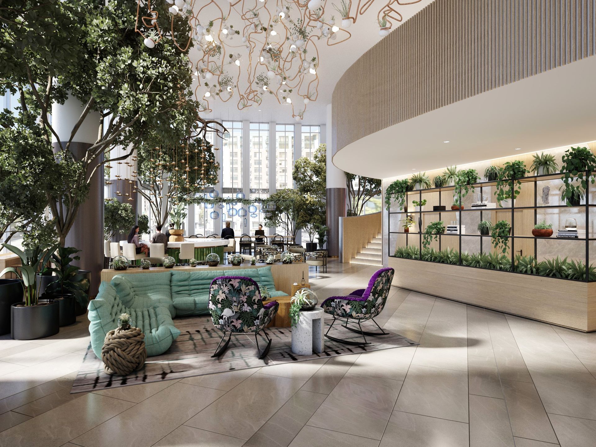 Hotel lobby interior design rendering, hospitality design.