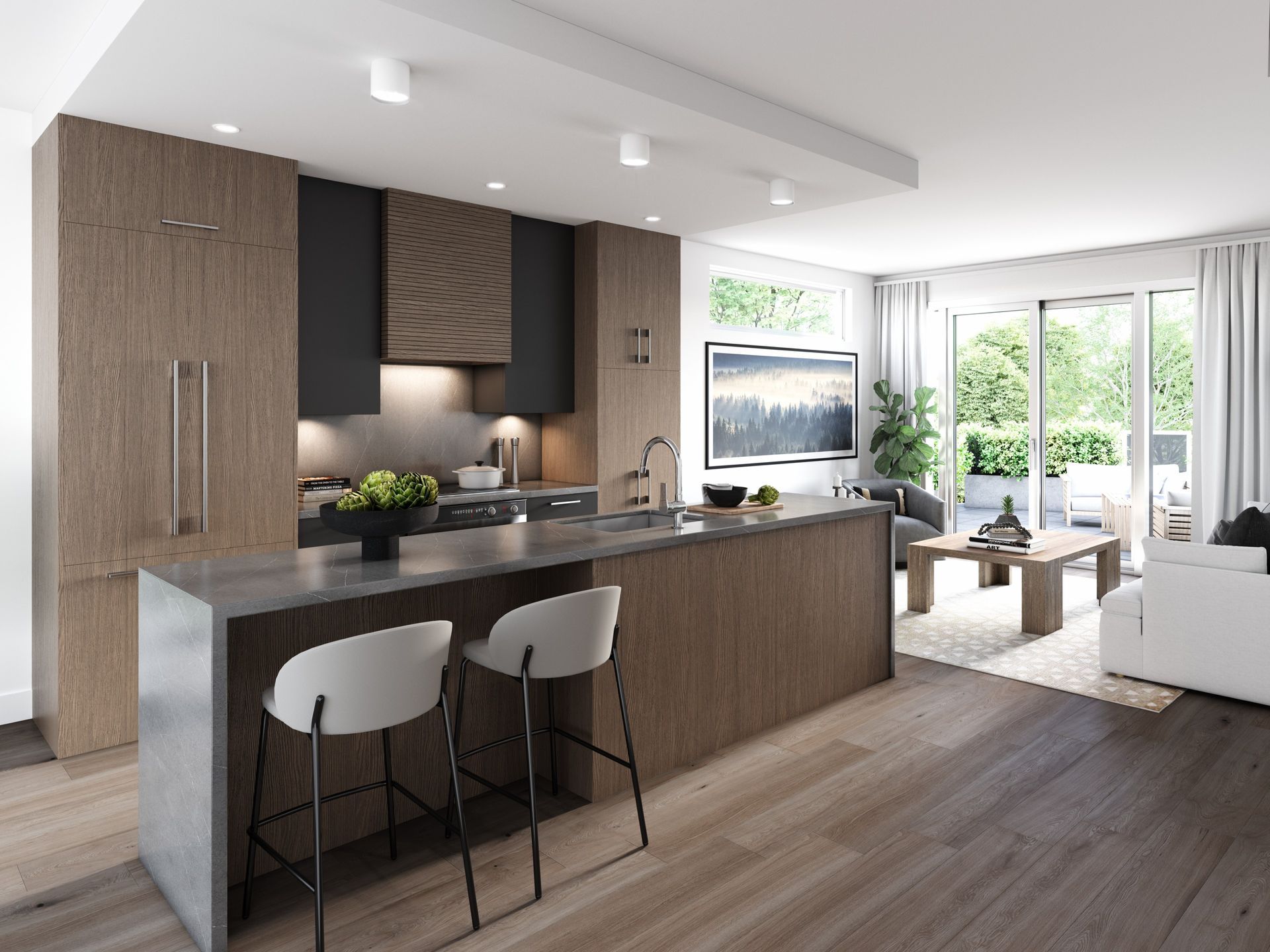 Real estate presale kitchen rendering. Interior design kitchen dark gray marble stone, wood paneling, wood walnut cabinets.