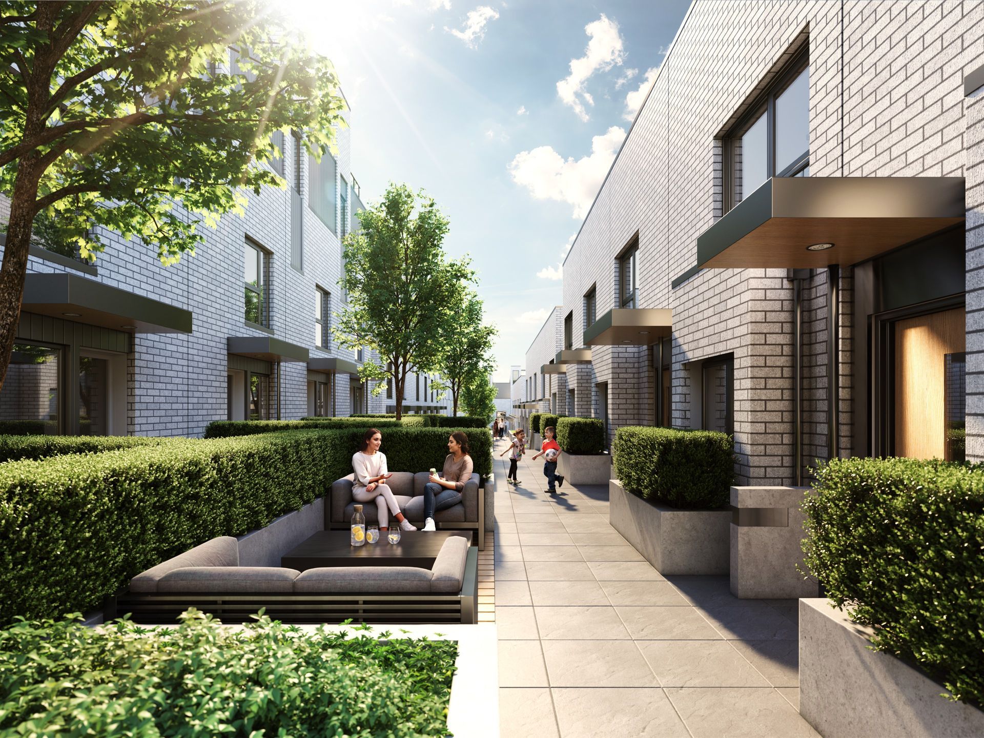Real estate presale courtyard rendering. Grace Westside. Vancouver. Patio furniture rendering. Sunset, golden hour rendering.