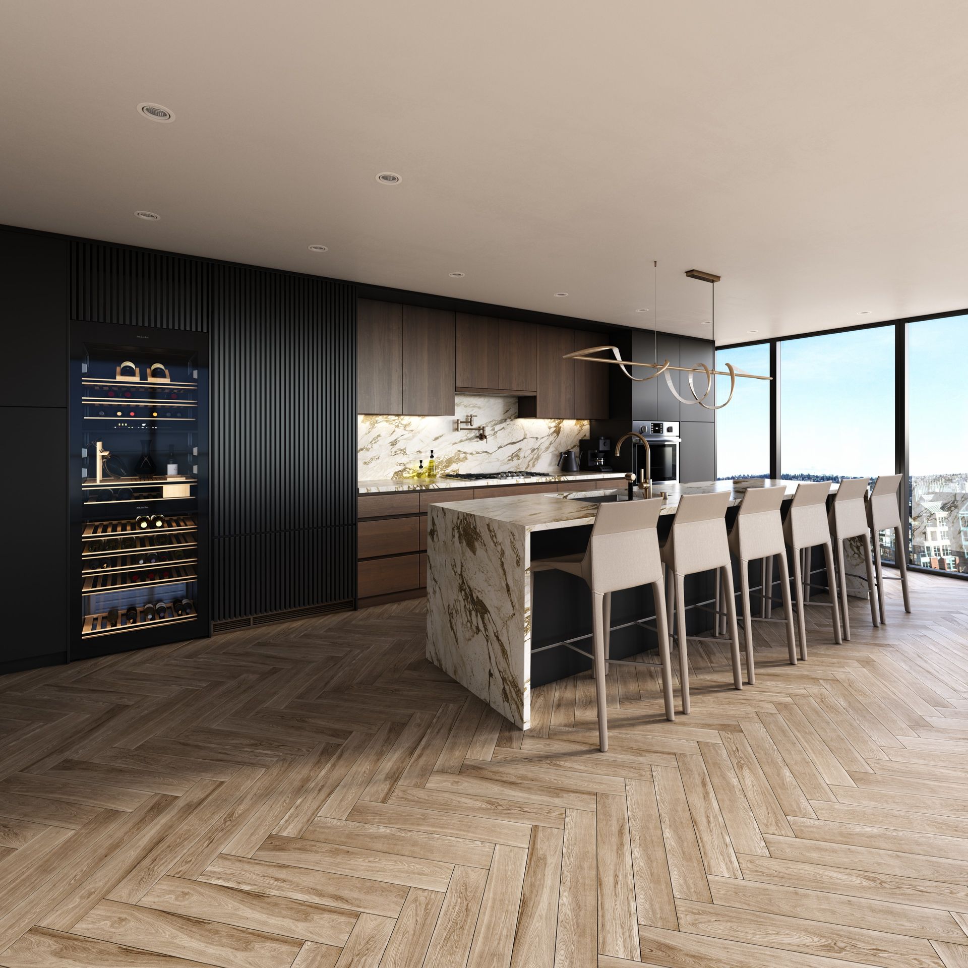 Real estate presale rendering penthouse Kitchen. Interior design with wood cabinets and flooring, marble island countertop.