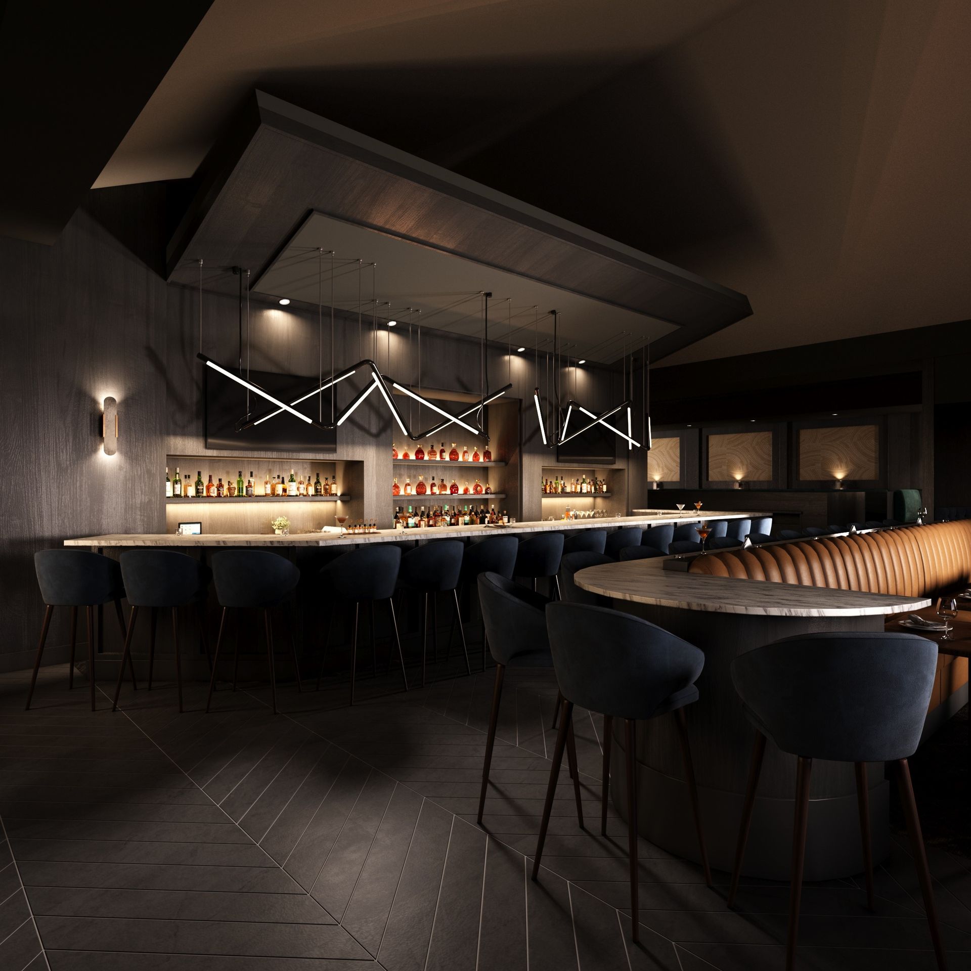 Restaurant interior design rendering, hospitality design. Bar rendering, cocktail lounge, booth seating upholstery.