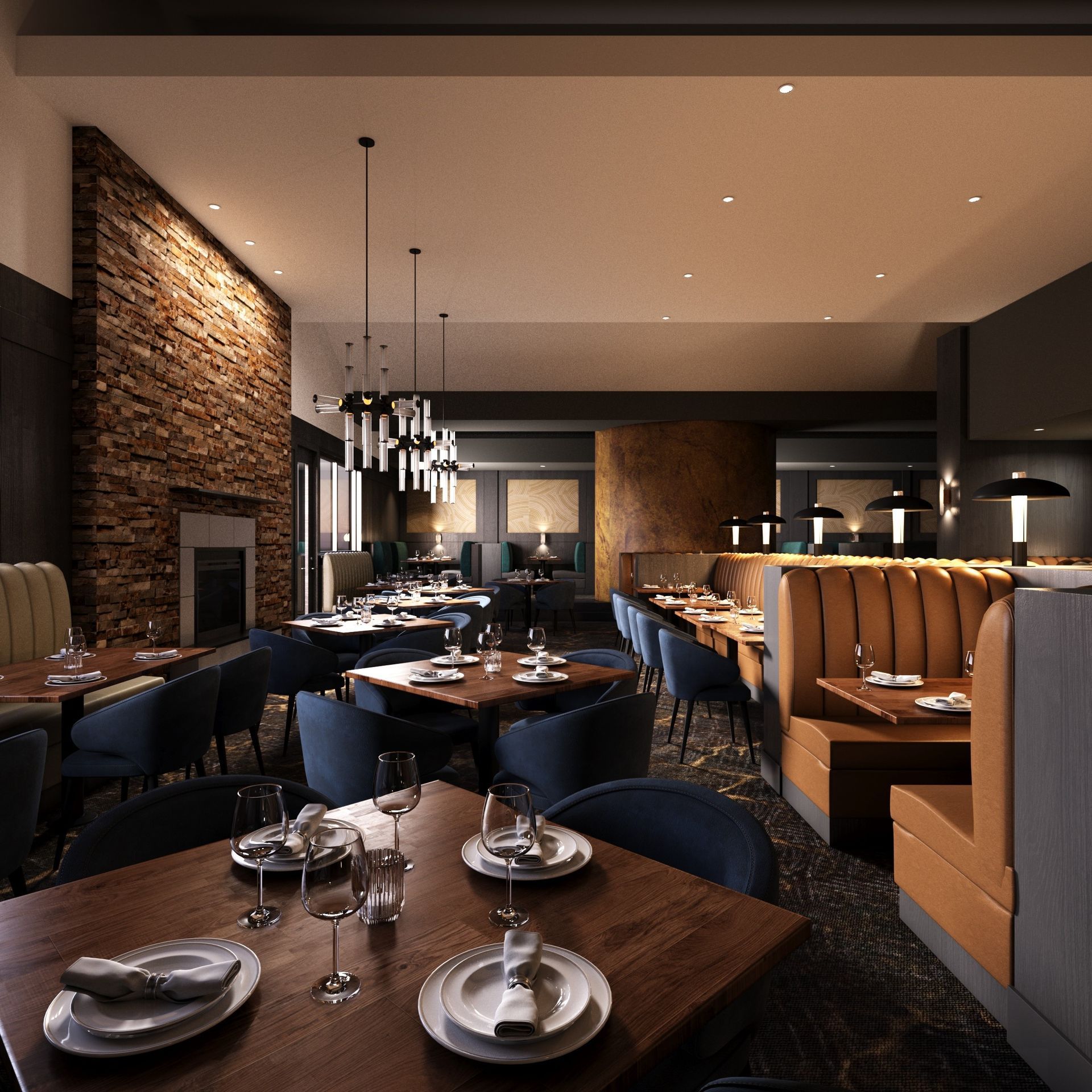 Restaurant interior design rendering, hospitality design. Restaurant dining table chairs, booth seating upholstery.