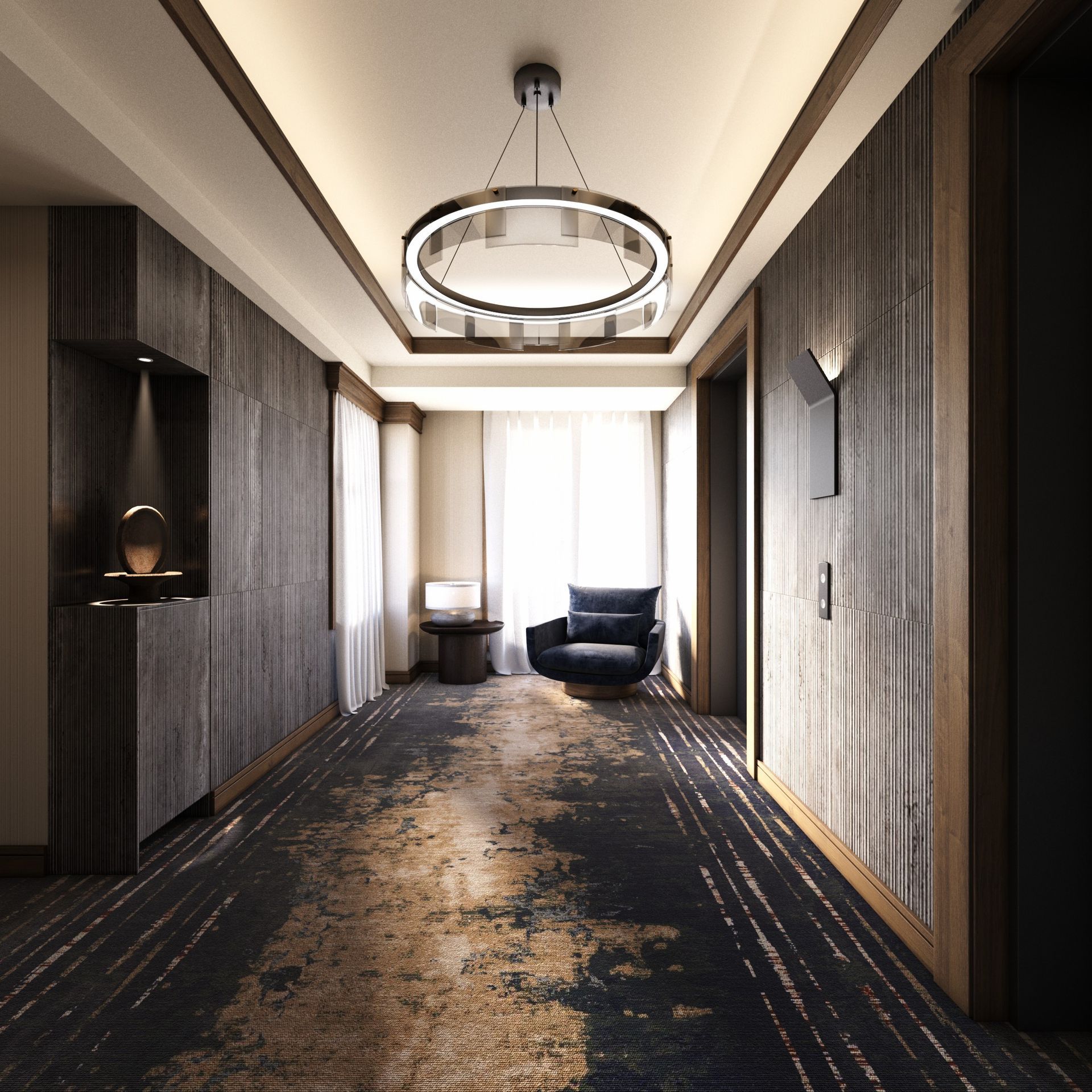 Hotel elevator interior design rendering, hospitality design.