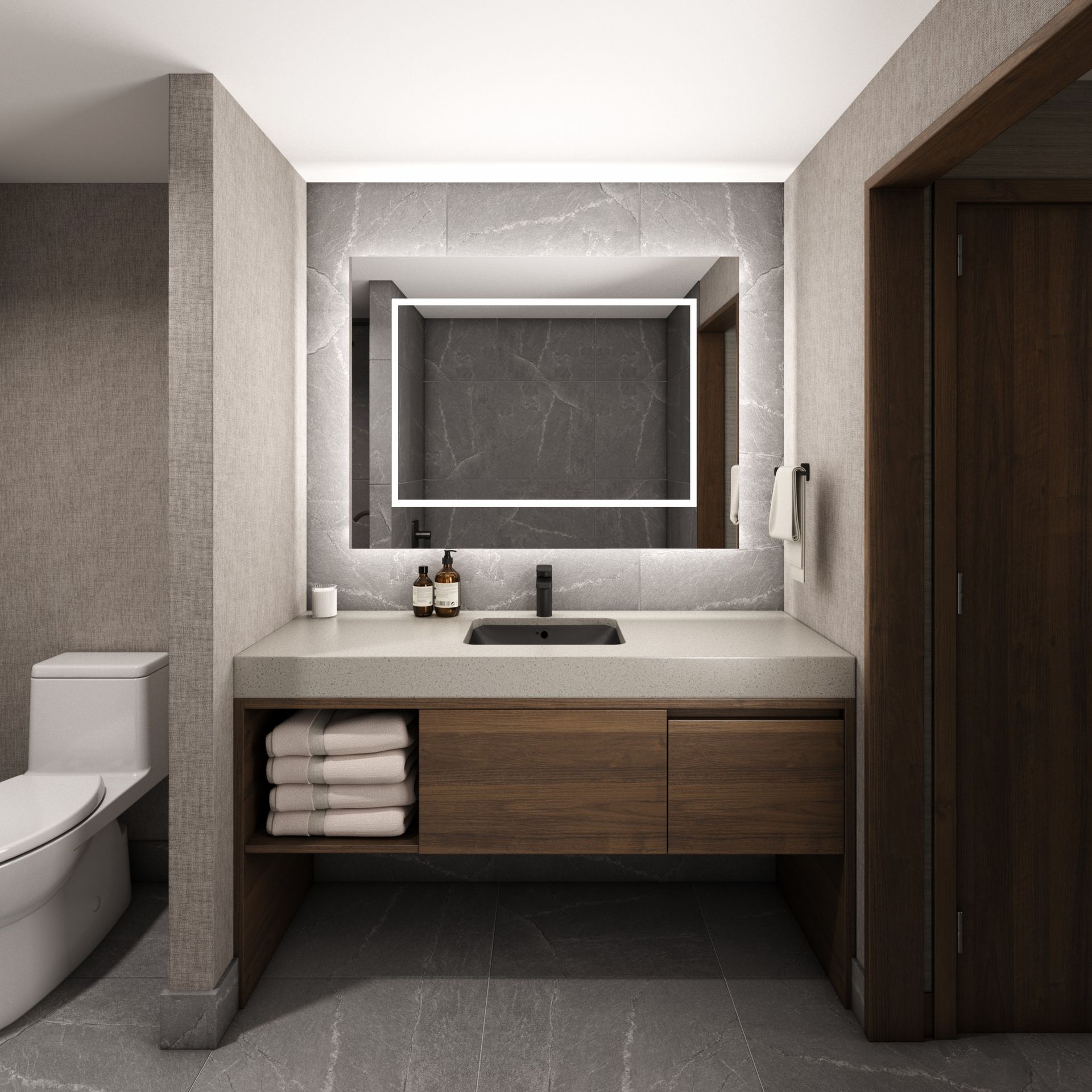 Hotel bathroom interior design rendering, hospitality design. Dark wood, gray wall paper, gray stone, black faucet and sink.