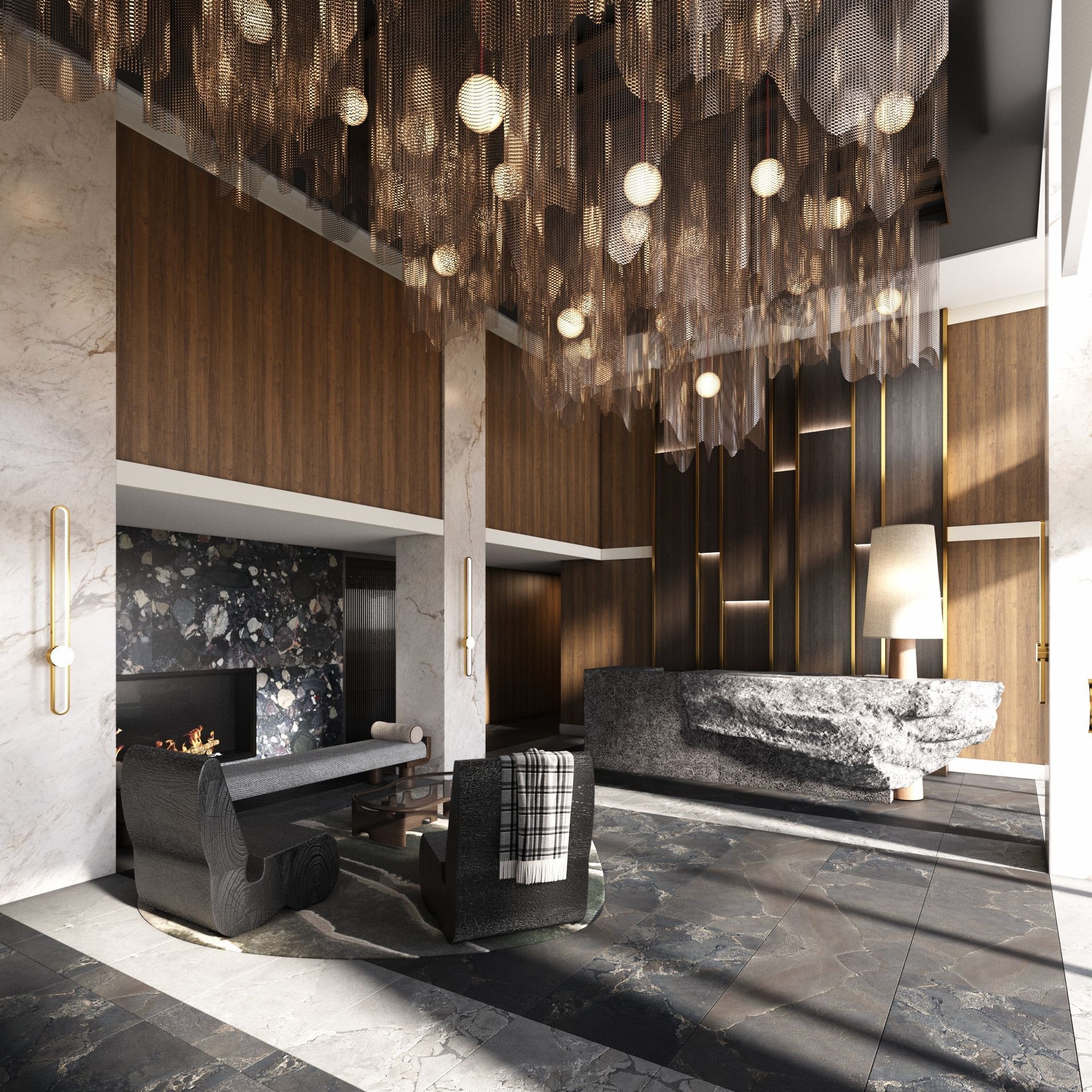 Hotel lobby interior design rendering, hospitality design. Wood paneling, black marble, stone front desk