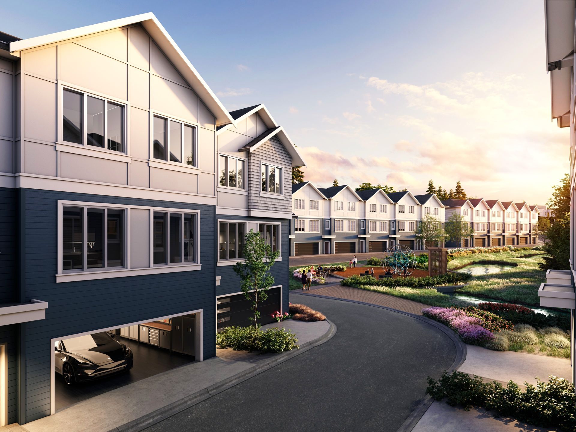 Real estate presales townhome exterior rendering. Landscaping, playground, pond. Garage rendering. Sunset rendering.