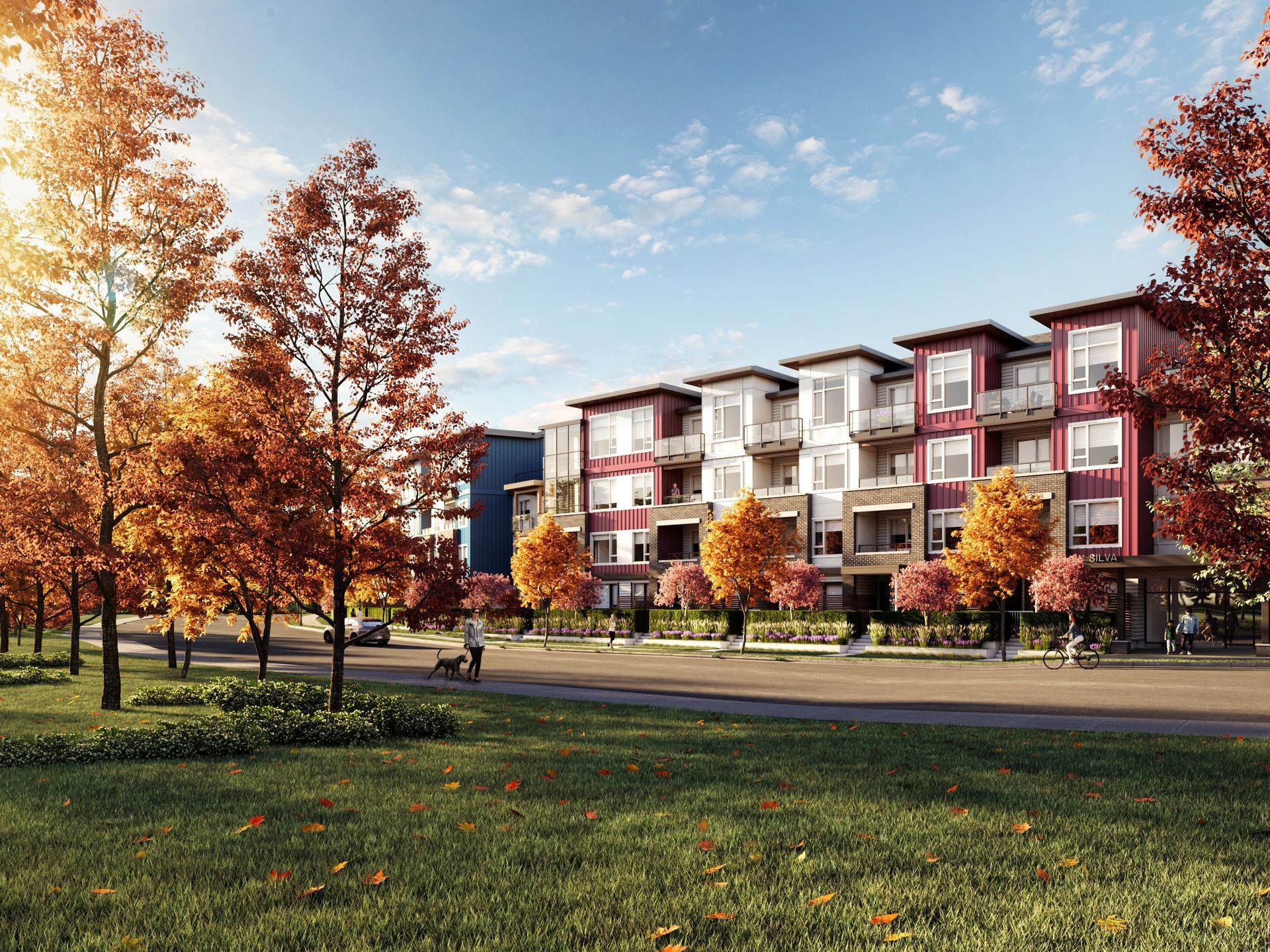 Real estate presales condo exterior rendering. Landscaping design. Park with trees in foreground. Autumn sunset rendering.