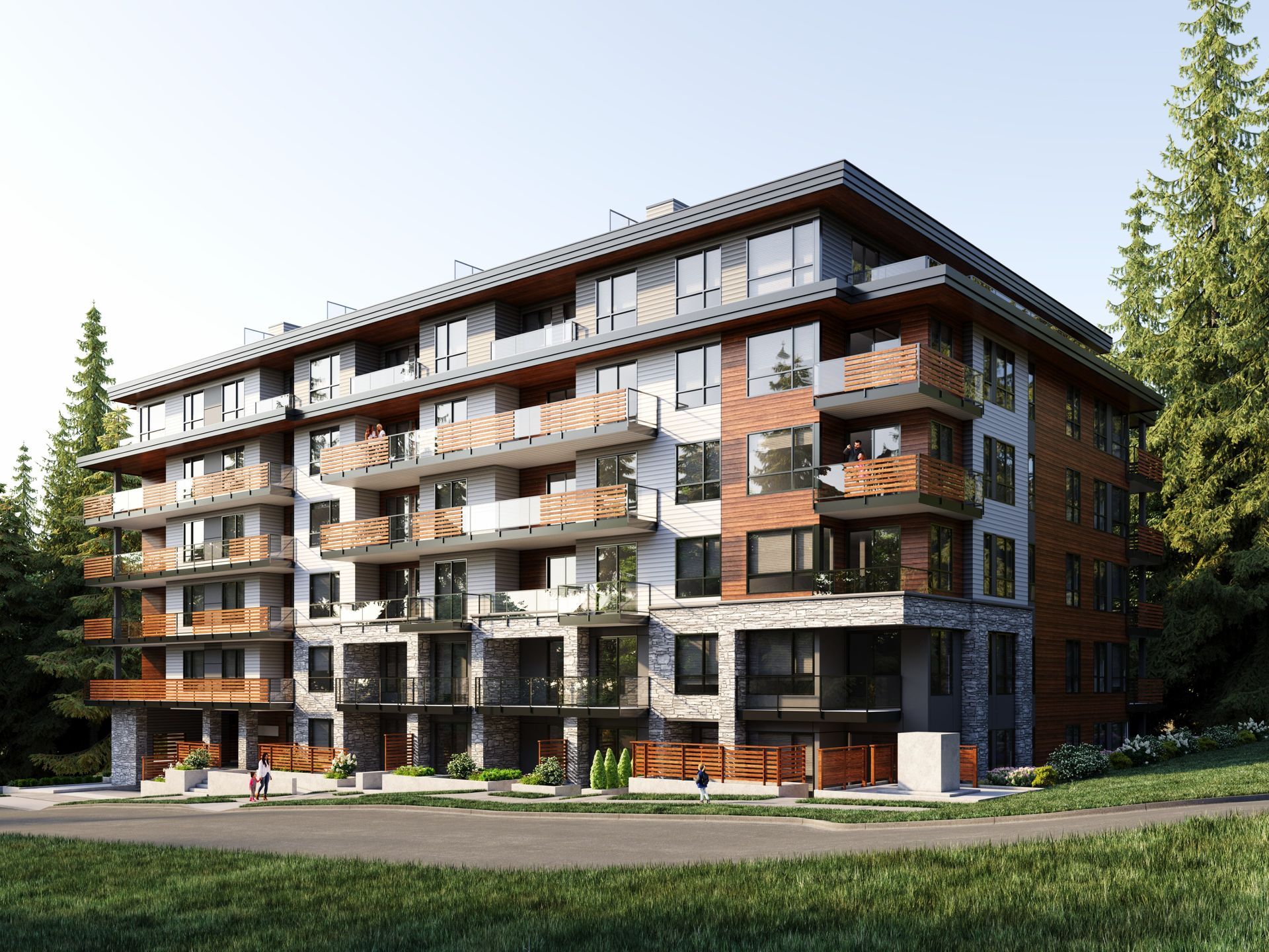 Real estate presales condo exterior rendering. Landscaping design. Sunny day time rendering.