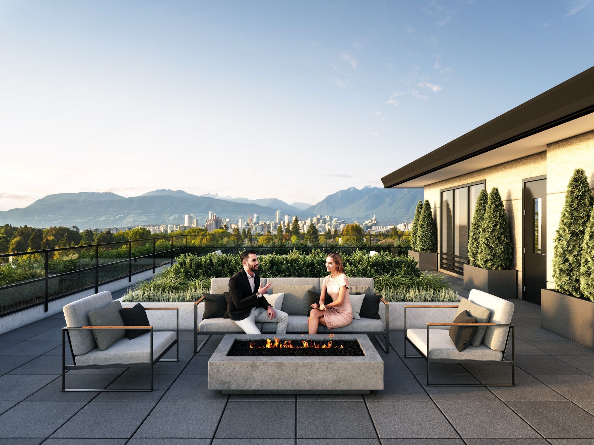 Real estate presale patio rendering. Realistic people in rendering. Patio with fireplace.