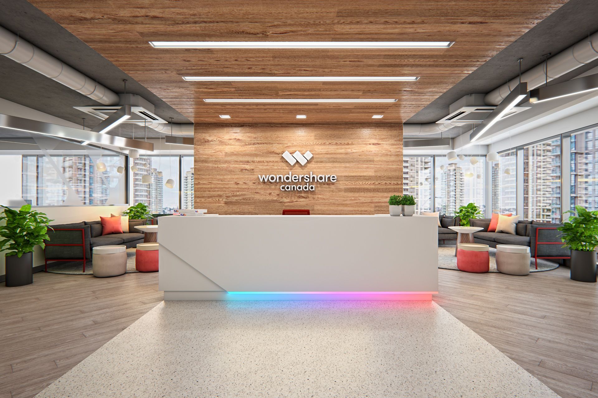 Commercial interior design office reception rendering. Reception desk design. Wood paneling. LED light fixture rendering.