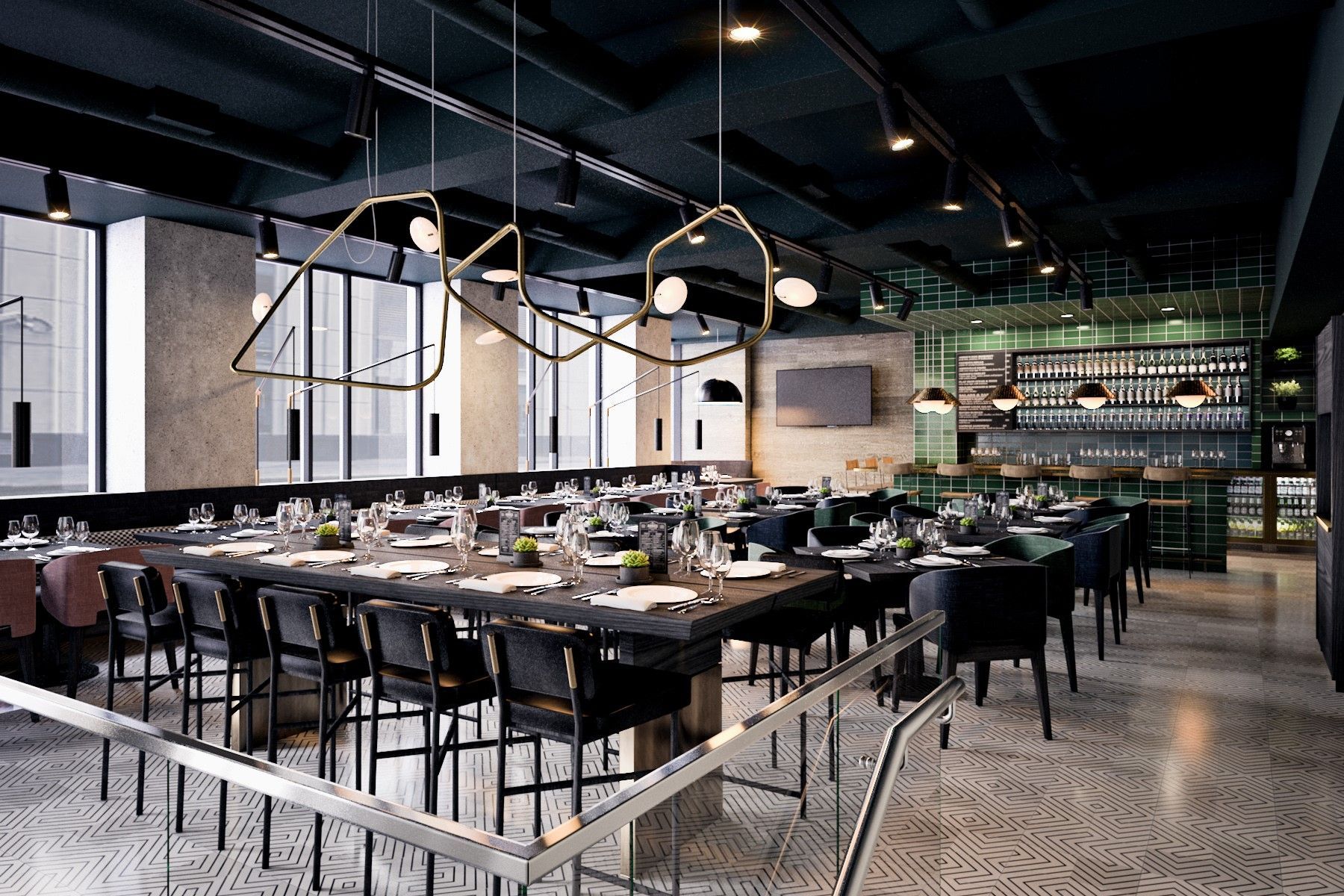 Restaurant interior design rendering, hospitality design. Delta Vancouver Downtown. Stock & Supply.