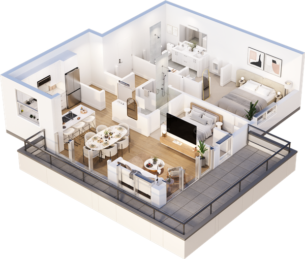 Real estate presale floorplan rendering. Dollhouse rendering. Interactive floorplan.