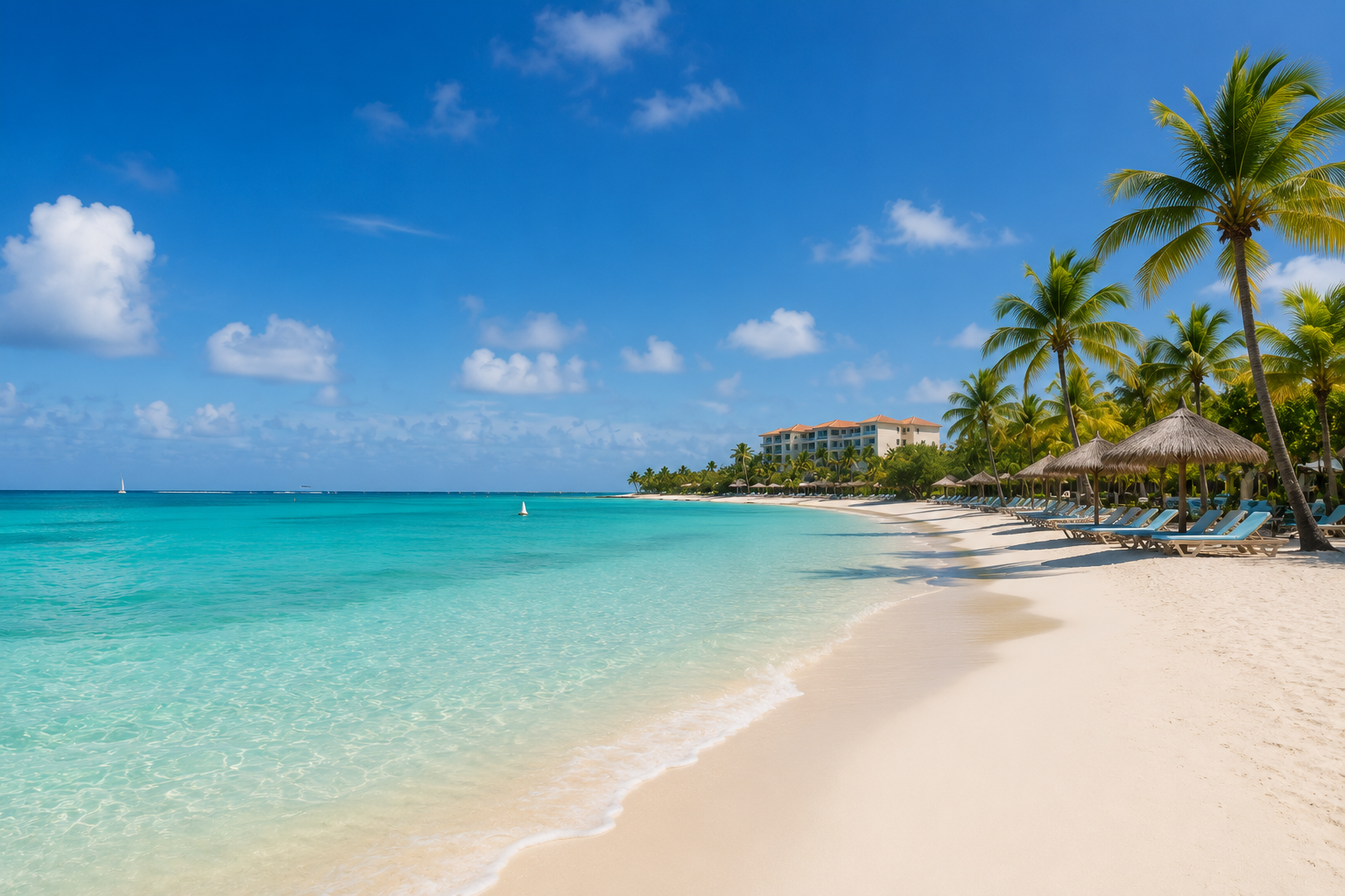 Palm-lined Aruba beach with clear turquoise water, resort views, and white sand shoreline.