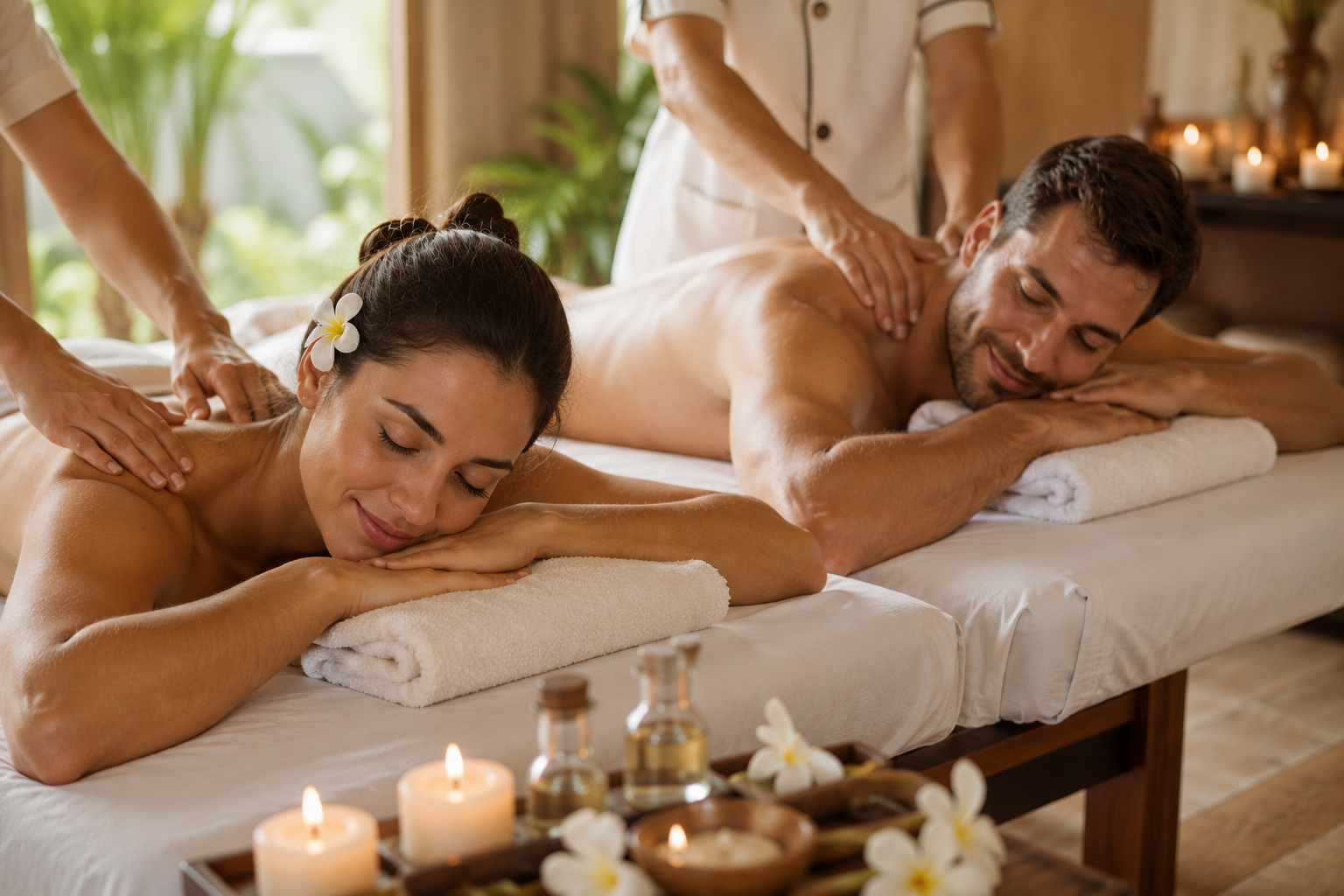 Couple enjoying a relaxing spa treatment during a romantic Aruba vacation and wellness retreat.