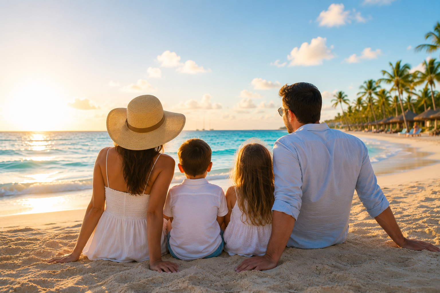 Family relaxing on an Aruba beach while watching the sunset along the Caribbean shoreline.