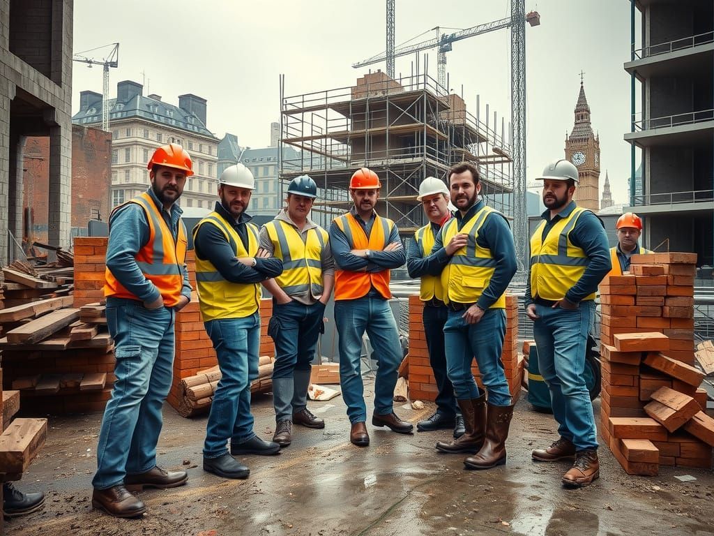 A group of construction workers are posing for a picture on a construction site.