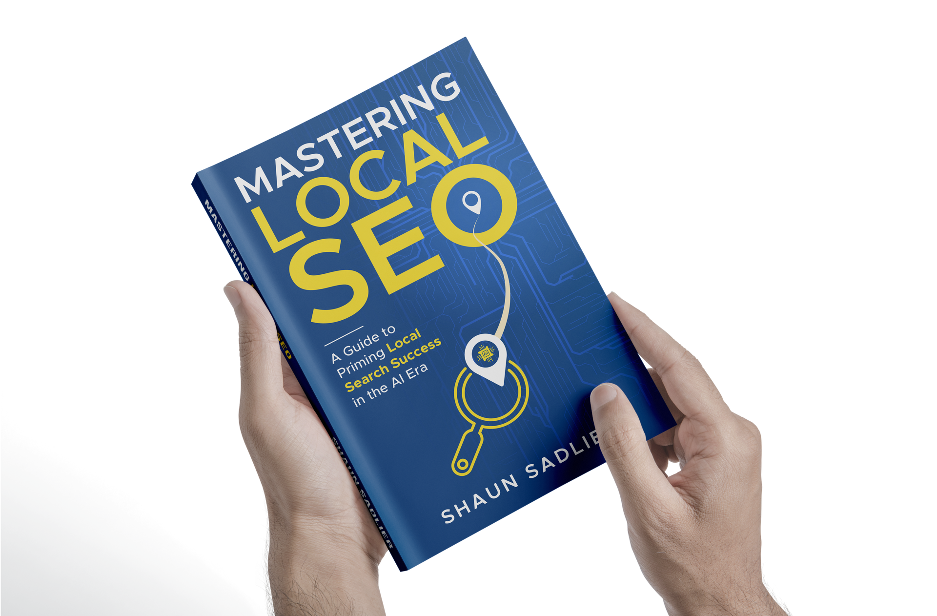 A person is holding a book titled mastering local seo.