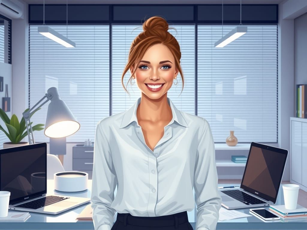 A woman is standing in front of a desk in an office.