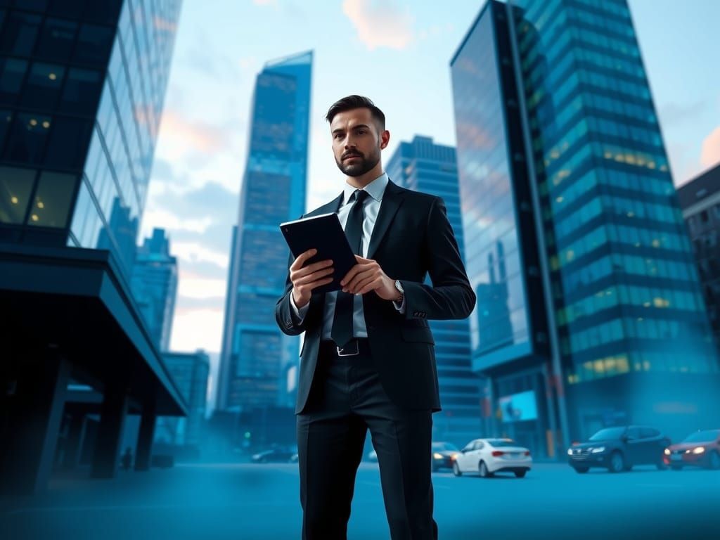 A man in a suit and tie is holding a tablet in front of a city skyline.