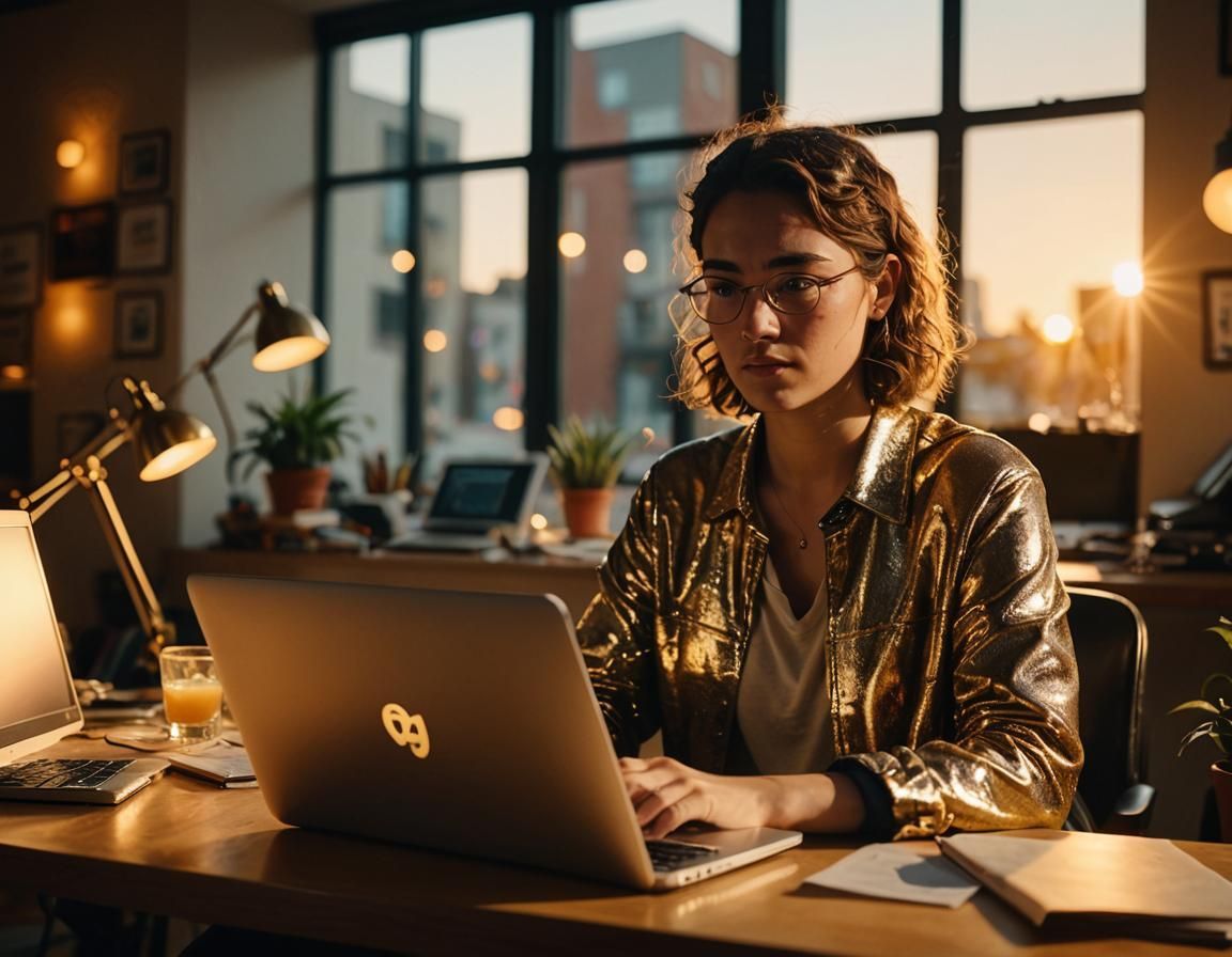 A woman is sitting at a desk using an hp laptop