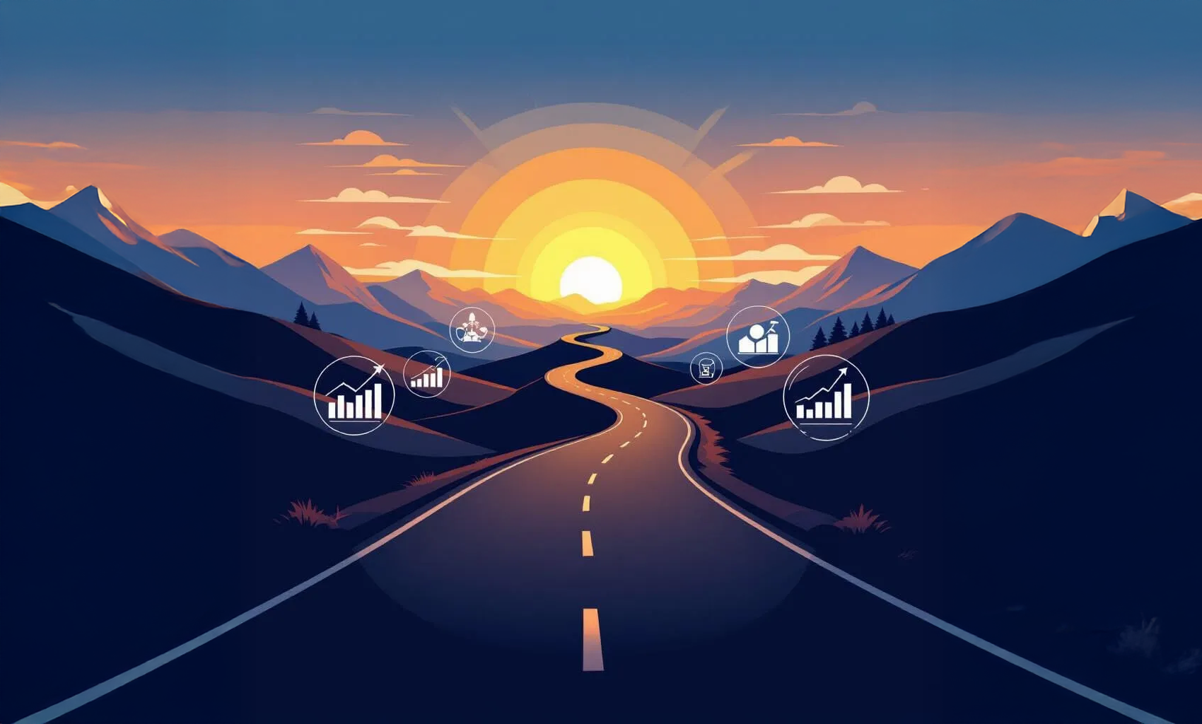 Winding road through mountains towards a sunrise, with data visualization icons on the sides.