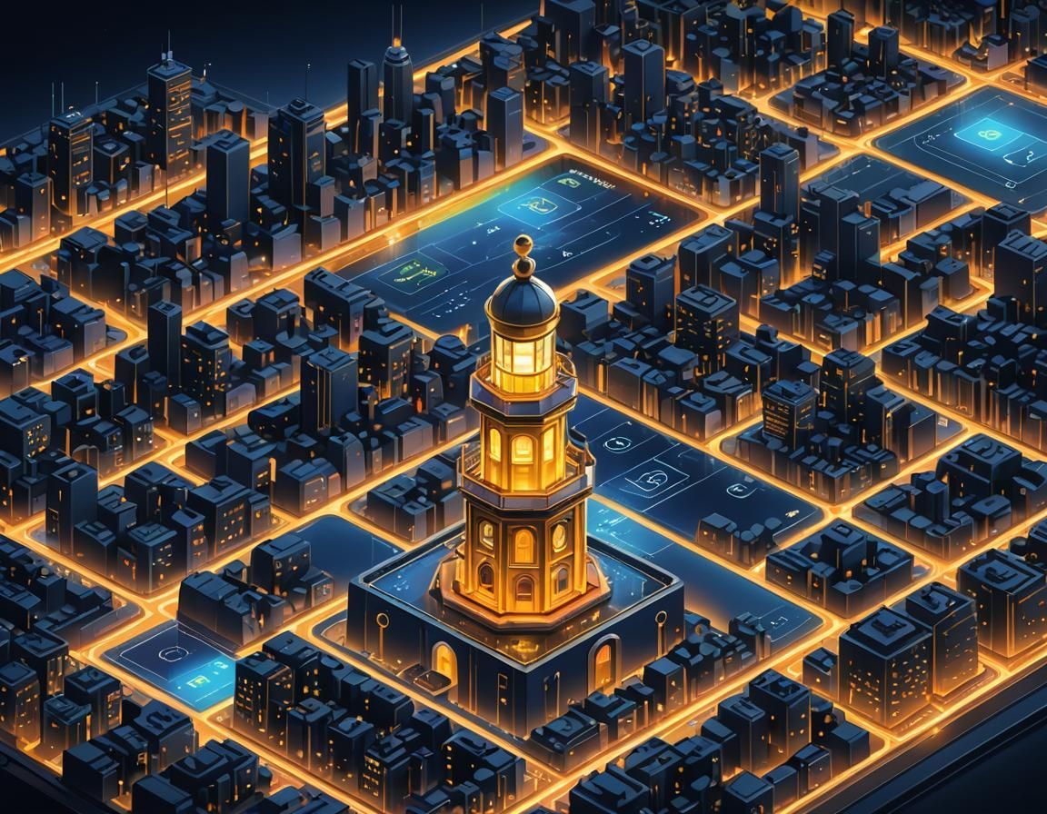 A 3d rendering of a city with a clock tower in the middle.