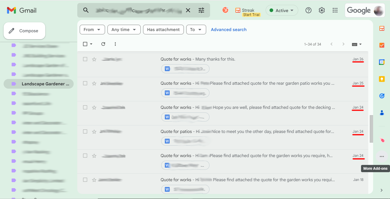 A screenshot of a gmail account with a bunch of emails in it.