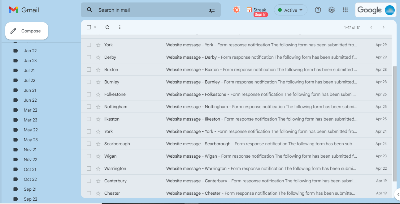 A screenshot of a gmail account with a bunch of emails in it