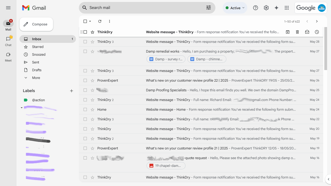 A screenshot of a gmail account with a bunch of emails in it.