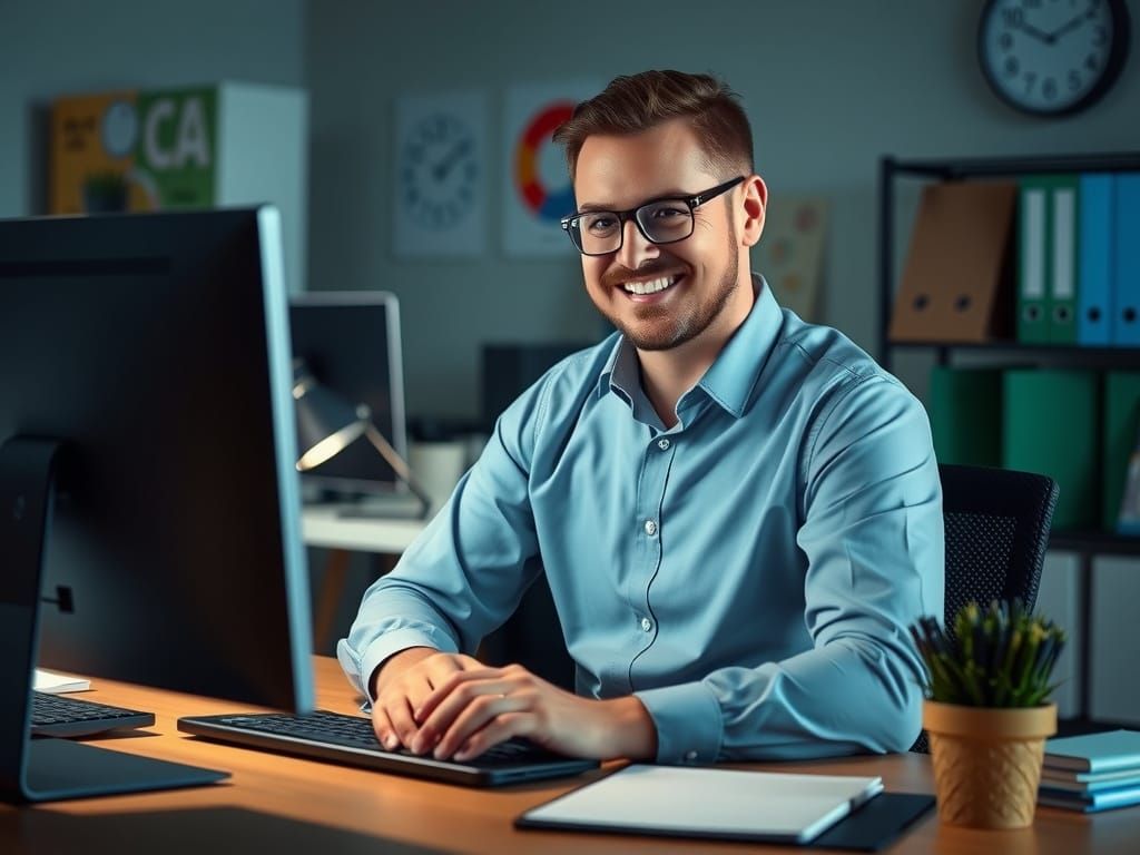 A man is sitting at a desk in front of a computer.
