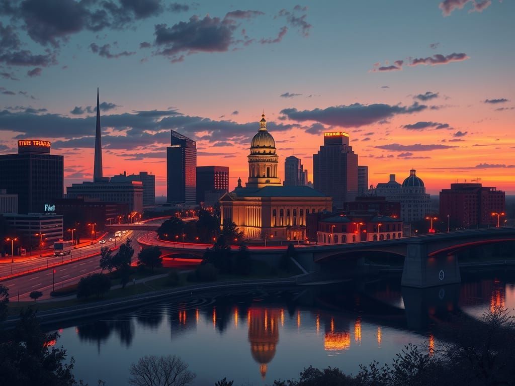 A city skyline at sunset with a river in the foreground.