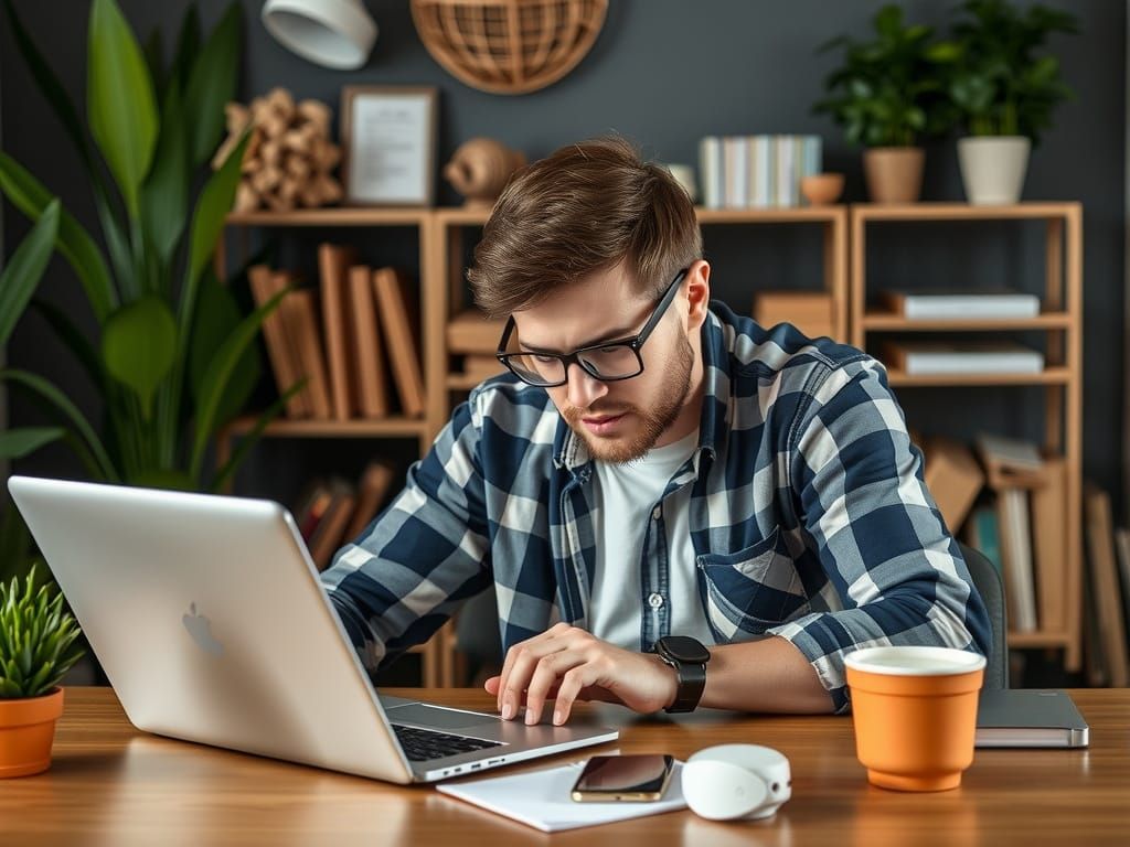 A man is sitting at a desk using a laptop computer.