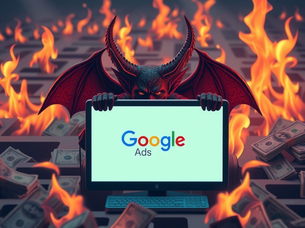A devil is holding a sign that says google ads