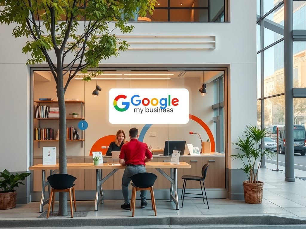 A man is sitting at a table in front of a google my business office.