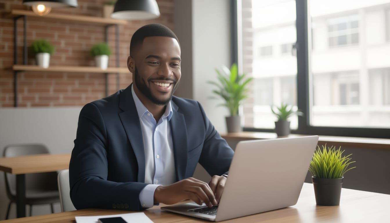 Smiling Black man in suit typing on a laptop at a desk in a bright office.