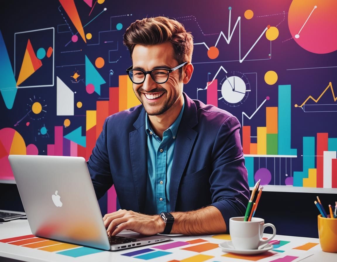 A man is smiling while using an apple laptop