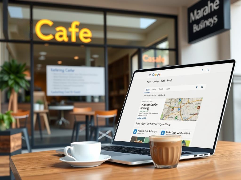 A laptop is sitting on a table in front of a cafe.